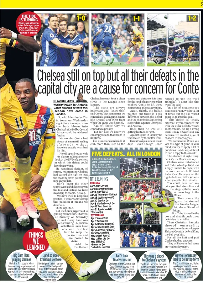  ??  ?? THE TIDE IS TURNING Blues lose at home, after Fabregas gave them the lead. But Zaha and Benteke turned it around 1-0 1-1 1-2