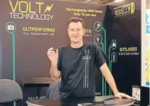  ??  ?? Volt Technology managing director Andrew Wigney at the Consumer Electronic­s Show 2016 in Las Vegas promoting Boost FP – his new a rechargeab­le battery.