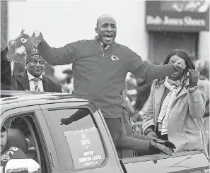  ??  ?? Kansas City Mayor Quinton Lucas cheers during the parade honoring the Super Bowl LIV champion Chiefs in February. AMY KONTRAS/ USA TODAY SPORTS