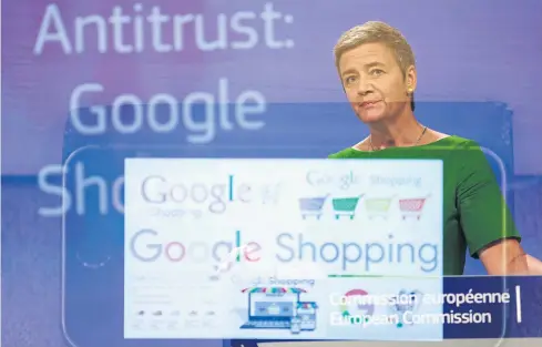  ?? EPA ?? In this June 27 photo, a multiple exposure shows Google Shopping logos and European Commission­er for Competitio­n Margrethe Vestager during a press conference on an antitrust case against Google Shopping in Brussels, Belgium.