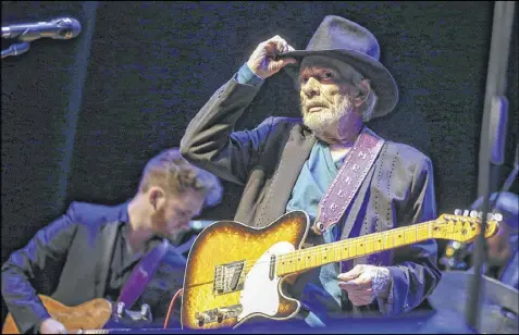  ?? ROBERT GAUTHIER / LOS ANGELES TIMES ?? Merle Haggard tips his hat to the audience as he performs at the Saban Theater earlier this year in Beverly Hills, Calif. Haggard died on April 5, on his birthday. He was 79.