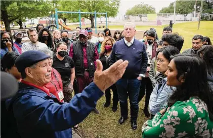  ?? Photos by Elizabeth Conley/Staff photograph­er ?? Former Vice President Al Gore listens to activist Juan Parras at Hartman Park during a “toxic tour” Saturday.