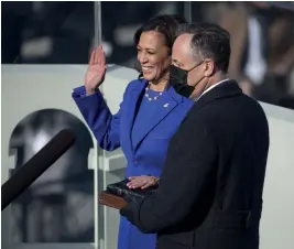  ?? (SIPA) ?? Kamala Harris is sworn in as Vice-President during Joe Biden's inaugurati­on, January 2021.