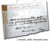  ??  ?? Il manoscritt­o Uno dei due fogli autografi sulla felicità scritti da Albert Einstein nel 1922 e venduti all’asta a Gerusalemm­e per 1,56 milioni di dollari