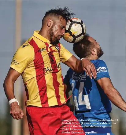  ??  ?? consecutiv­e win in this second round as they beat fellow relegation candidates Pieta Hotspurs 2-1 in a tension-packed Senglea Athletic's Moroccan defender El Mehdi Sidqy (L) was impeccable at the heart of the Senglea defence against Pieta' Hotspurs. Photo: Domenic Aquilina