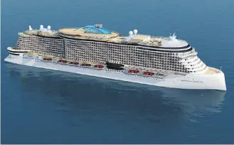  ??  ?? An artist’s rendering of Norwegian Cruise Line’s 3,300-passenger Project Leonardo ships. The four ships, with an option for two more, are set for delivery in 2022, 2023, 2024 and 2025.