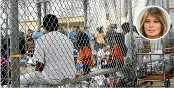  ?? AP ?? People held in custody related to cases of illegal entry into the United States sit in one of the cages at a facility in McAllen, Texas. Melania Trump, inset, has urged ‘‘heart’’ over detention of child immigrants.