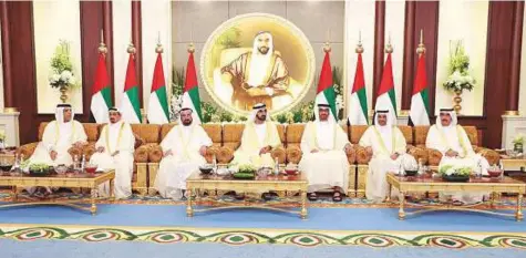  ?? WAM ?? Shaikh Mohammad Bin Rashid and Shaikh Mohammad Bin Zayed with the Rulers, Dr Shaikh Sultan of Sharjah, Shaikh Humaid of Ajman, Shaikh Hamad of Fujairah, Shaikh Saud Bin Rashid of Umm Al Quwain, and Shaikh Saud Bin Saqr of Ras Al Khaimah.