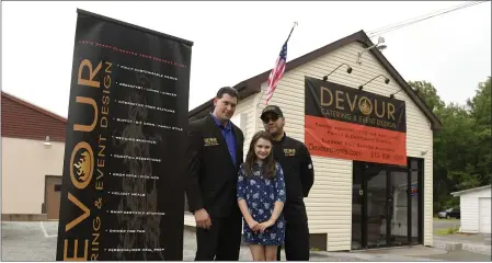  ?? BEN HASTY — MEDIANEWS GROUP ?? From left are Ron DiBenedett­o, owner; Adriana DiBenedett­o, his daughter; and Joel Aldana, executive chef, at Devour Catering and Event Design in Oley Township.