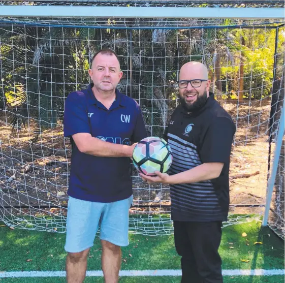  ??  ?? Goals Australia owner and operator Cameron Watson with Football Gold Coast operations officer Alan Marquez.