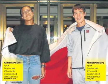  ?? AFP ?? ▪ Japan’s Kei Nishikori (right) and Naomi Osaka strike a pose with their country’s flag after entering the semifinals of the US Open in New York on Wednesday.