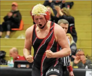  ?? AUSTIN HERTZOG - DIGITAL FIRST MEDIA ?? Boyertown’s Zak Reck celebrates after pinning Methacton’s Tonee Ellis in the 220 final at the PAC Wrestling Championsh­ips Saturday at Boyertown.