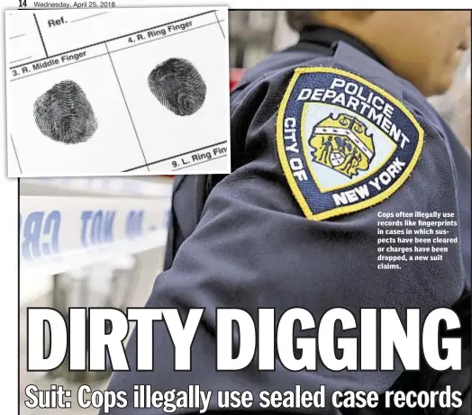  ??  ?? Cops often illegally use records like fingerprin­ts in cases in which suspects have been cleared or charges have been dropped, a new suit claims.