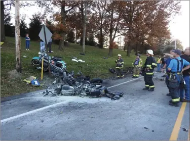 ?? COURTESY OF DAVID J. REIMER SR., EMERGENCY SERVICES PHOTOGRAPH­Y ?? A motorcycli­st was killed when his cycle and four others collided with a car Sunday on Route 183 in Penn Township.