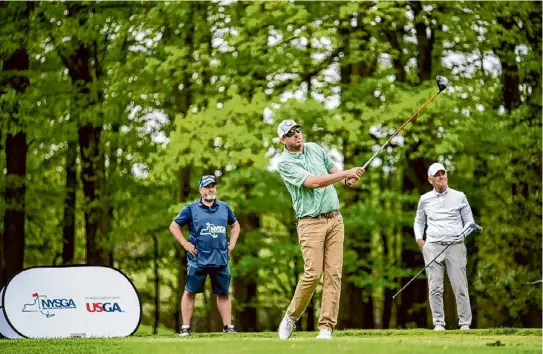  ?? Dan Thompson/nysga ?? Rotterdam native Bryan Bigley tees off at the U.S. Open qualifier at Albany Country Club on Monday. He shot 67.