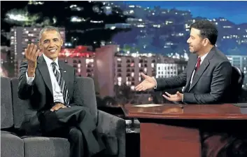  ?? RANDY HOLMES/ABC VIA ASSOCIATED PRESS ?? U.S. President Barack Obama, left, and host Jimmy Kimmel during the taping of Jimmy Kimmel Live! on Monday.