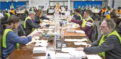  ??  ?? Scrutiny: Edinburgh council election workers check postal votes at the Royal Highland Centre