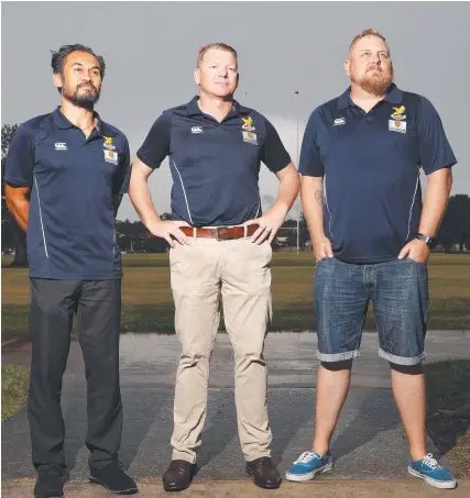  ?? Picture: GLENN HAMPSON ?? Gold Coast Eagles rugby director Joe Faalogo, president Ben Latimer and head coach Jai Johnson.