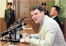  ?? KIM KWANG HYON, AP ?? American college student Otto Warmbier speaks to reporters in Pyongyang, North Korea, last year. He was freed Tuesday.
