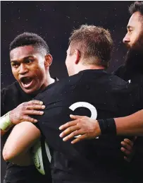  ??  ?? Clincher: The All Blacks’ Nathan Harris celebrates scoring with team-mate Waisake Naholo