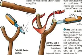  ?? Illustrati­onen: Jan Saße, Horgenzell, Kosmos ?? Schritt 2: Enden spalten.
Schritt 3 und 4: Gummi einbauen.