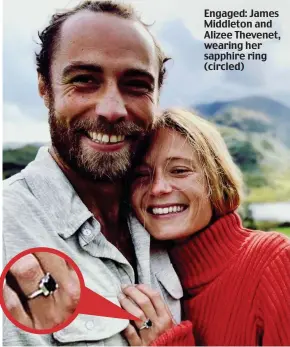  ??  ?? Engaged: James Middleton and Alizee Thevenet, wearing her sapphire ring (circled)