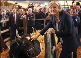  ??  ?? La candidate du FN auprès de la vache Fine, emblème du Salon 2017.