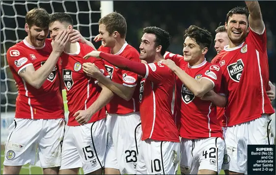  ??  ?? SUPERB: Baird (No 15) and Co celebrate after Saints went 2-0 up