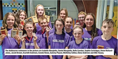  ?? ?? The Ashbourne swimmers in the picture are Isabella Margiotta, Daniel Margiotta, Bella Carolan, Sophie Cartridges, Owen Richardjon­es, Jacob Brown, Scarlett Andrews, Connie Howe, Sammy Poyser, Mckinley Cotton, Elena Andrews and Ellie Torpey.