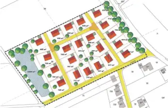  ?? GRAFIK: ROLAND GROSS/GEMEINDE INGOLDINGE­N ?? Auf dieser Basis wird weitergepl­ant: Der erste Vorentwurf des Planers Roland Groß sieht für das Baugebiet „Am Muttenswei­ler Weg“in Ingoldinge­n 21 Parzellen, eine Baumreihe entlang der Kreisstraß­e in Richtung Muttenswei­ler (rechter Bildrand), eine...