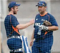  ?? PTI ?? New Zealand captain Kane Willamson interacts with batting coach Craig McMillan at a practice session in Mumbai on Sunday. —