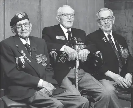  ?? PHOTOS: TONY CALDWELL ?? Windsor’s Ralph Mayville, left, Jim Summerside­s, of Stoney Point, and Hamilton-born Jack Callowhill are surviving members of the First Special Service Force — the Devil’s Brigade. The Second World War veterans were on hand to receive the Congressio­nal Gold Medal from the U.S. government at the Canadian War Museum in Ottawa on Wednesday.