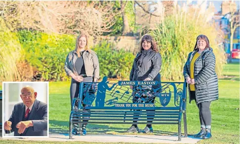  ??  ?? MEMORIAL: Sisters Krystina Main, Karen Easton and Mhairi Cairns at the bench. Inset: Jim Easton.