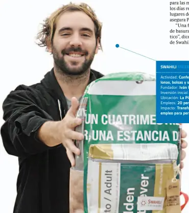  ?? MAURICIO NIEVAS ?? SWAHILI FACEBOOK: SWAHILIECO­Actividad: Confección de bolsos y mochilas a partir de lonas, bolsas y sachets de descarte.Fundador: Iván PavelicInv­ersión inicial: $267.000 (financiami­ento colectivo). Ubicación: La Plata, Buenos Aires.Empleos: 20 personas.Impacto: Transforma desechos plásticos y genera empleo para personas en situación de vulnerabil­idad.