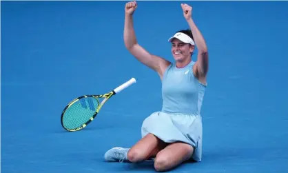  ??  ?? ‘I can’t feel my legs’: Jennifer Brady celebrates her Australian Open semi-final win over Karolina Muchová. Photograph: Loren Elliott/ Reuters
