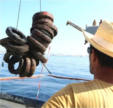  ?? — AFP photos ?? Divers and a specially equipped boat with lifting gear have been fishing out hundreds of the old rubber tyres 500 metres (1,600 feet) from an exclusive coastline between the French resorts of Cannes and Antibes.