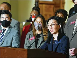  ?? HYOSUB SHIN/ HYOSUB. SHIN@ AJC. COM REBECCA WRIGHT FOR THE AJC ?? ▲ Asian American lawmakers, including state Sen. Michelle Au ( right), D- Atlanta, attend a news conference Thursday at the state Capitol. They spoke about the shooting deaths of eight people, including six Asian women, at metro Atlanta spas Tuesday.
◄ Back Kyu Kim poses for a photo at a news conference Thursday at Chung Dam Korean Restaurant in Duluth, where Korean American leaders gathered to make a statement.