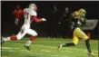  ?? MICHAEL ALLEN BLAIR-THE NEWS-HERALD ?? St. Edward wide receiver Masen McManamon hauls in a touchdown pass behind Mentor’s Joe Lampert during the first quarter Nov. 14 at Byers Field in Parma.