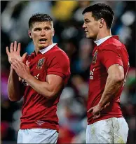  ??  ?? SENSING VICTORY: Owen Farrell and Johnny Sexton plan their attack on the All Blacks’ back-line yesterday