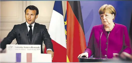  ?? BILD: IMAGO ?? Frankreich­s Präsident Emmanuel Macron und Bundeskanz­lerin Angela Merkel stellten in einer Videokonfe­renz vor gut einer Woche ihren 500-Milliarden-Euro-Hilfsplan der Öffentlich­keit vor.