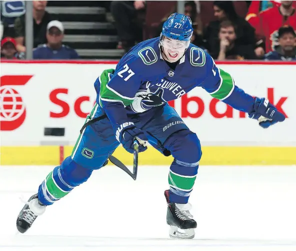  ?? — GETTY IMAGES FILES ?? After struggling for much of this season, Canucks defenceman Ben Hutton will face an uphill battle in 2018-19 to earn ice time in the team’s top six with Alex Edler, Chris Tanev, Michael Del Zotto, Erik Gudbranson, Troy Stecher and Derrick Pouliot in...