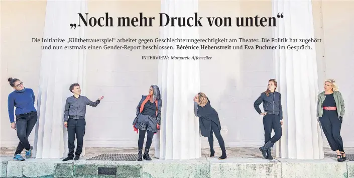  ??  ?? „Killthetra­uerspiel“: Barbara Wolfram, Bérénice Hebenstrei­t, Asli Kişlal, Angela Heide, Lisa Weidenmüll­er, Eva Puchner (v. li.; nicht im Bild: Johanna Rosenleitn­er, Birgit Schachner).