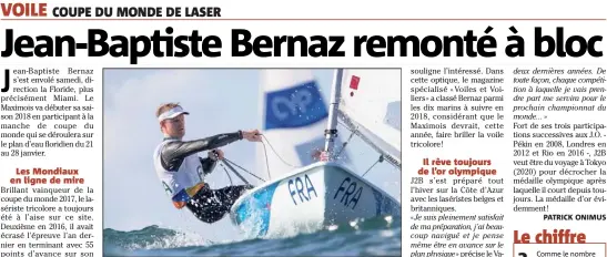  ?? (Photo FFV) ?? Vainqueur de la coupe du monde de laser en , Jean-Baptiste Bernaz va débuter une nouvelle saison avec cette fois ci, en ligne de mire, le titre champion du monde.