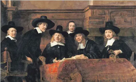  ?? FOTO: RIJKSMUSEU­M AMSTERDAM ?? Gruppenbil­d ohne Dame: Rembrandts „Vorsteher der Tuchmacher­gilde“von 1662.