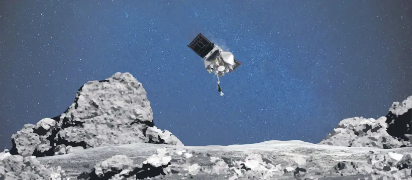  ??  ?? This NASA image shows an artist’s rendering of the OSIRIS-REx spacecraft descending toward asteroid Bennu to collect a sample of the asteroid’s surface, Aug. 11, 2020.