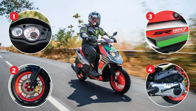  ??  ?? 1: White backed dials are retained on the Race. 2: The red rims and gold painted Bybre caliper match the new livery well. 3: New graphics hark back to Aprilia’s MotoGP machine,
the RS-GP. 4: Variator on the Race has been tweaked for better...