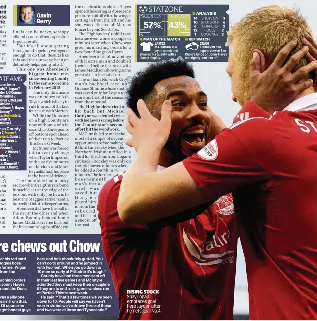  ??  ?? RISING STOCK Shay Logan embraces goal hero Jayden after he nets goal No.4