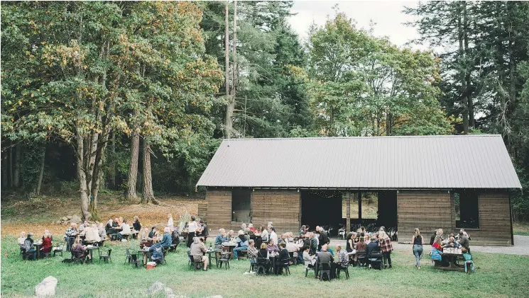  ??  ?? The Pitchfork Social series of musical events take place in a purpose-built hut in the woods near a pond on Bullock Lake Farm on Salt Spring Island.