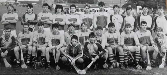  ??  ?? Frank Browne (fourth from right, front row) before his last-ever hurling game with Faythe Harriers - the 1-10 to 0-7 loss to Rapparees in the Minor hurling Premier county final in Wexford Park on October 11, 1987. Back (from left): Seán Murphy, Alan Rush, Brian McCleane, Donal Walsh, Conor McCleane, Paul Harrington, Shane O’Leary, Ian Dodd, Jason Giltrap, John O’Leary, Ciarán Whelan. Middle (from left): Paul Murphy, Niall Denton, Andrew Butler, Barry O’Reilly, Ian ‘Archie’ Scallan, Ray Cullinane, Mikey Sheil (R.I.P.), Frank Browne, Thomas ‘Iggy’ Clarke, Joe Kearns, Padge Rossiter. Front (from left): Gavin Buggy, Francis Dempsey.