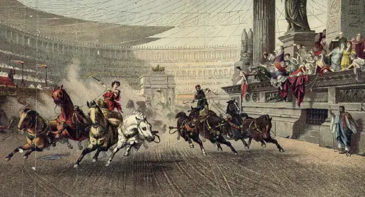  ?? ( foto di Hulton Archive/Getty Images) ?? «La corsa dei carri al Circo Massimo», ambientato nel 50 a.C. e dipinto da Alex Wagner nel 1882